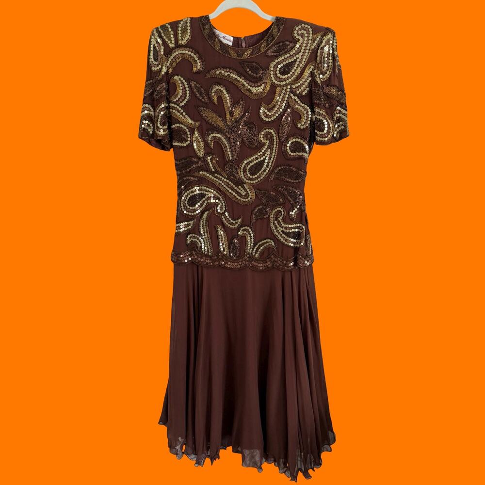 80's vintage brown and gold 100% silk sequins drop waist formal dress SMALL